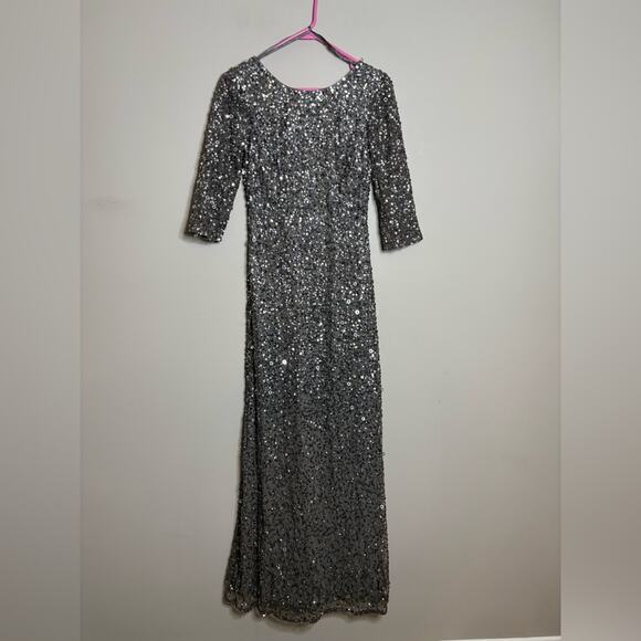 NWT Adrianna Papell 3/4 Sleeve Scoop Back Beaded Long Dress Silver Gray Size 0 - Picture 3 of 9